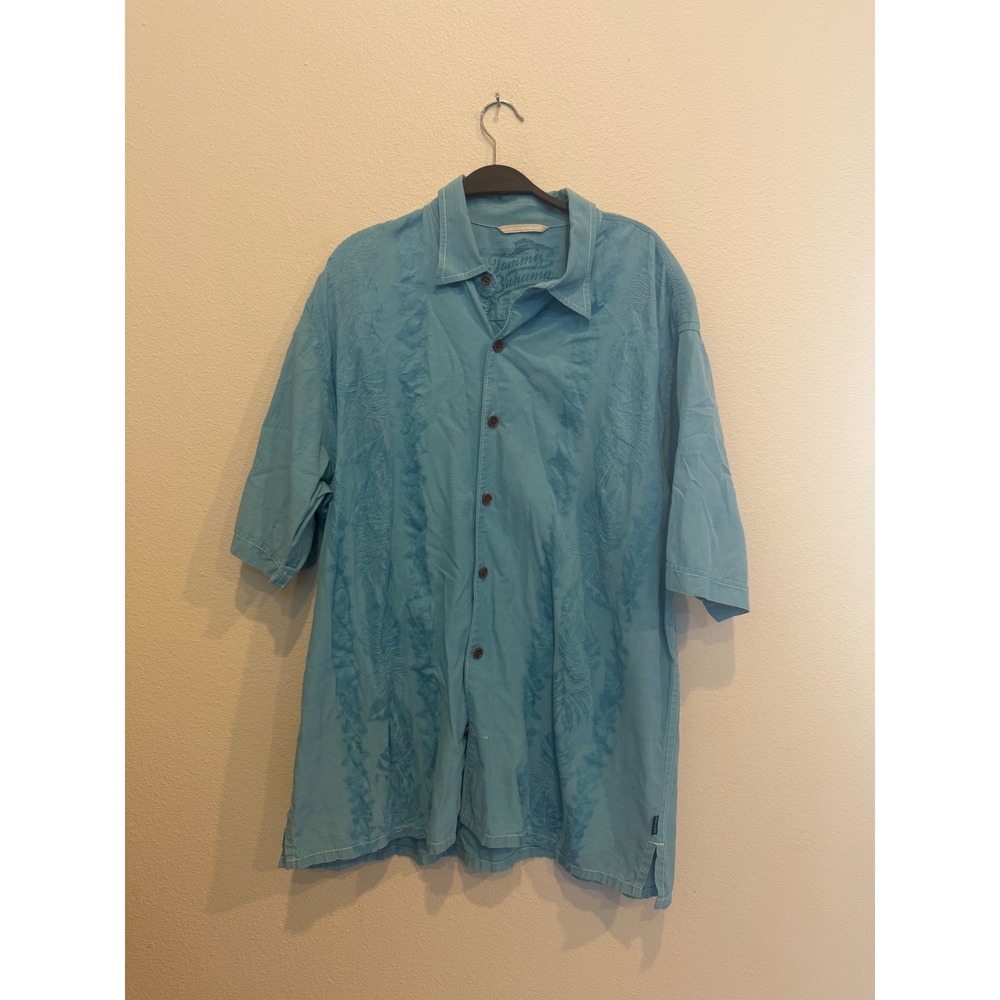 Tommy Bahama Mens Blue Embroidered Palm Short Sleeve Button Down Camp Shirt